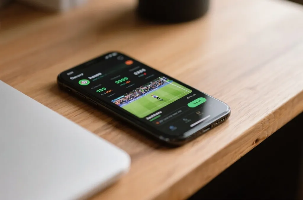 Close-up of a smartphone displaying a sleek sports app with real-time statistics and a live soccer stream
