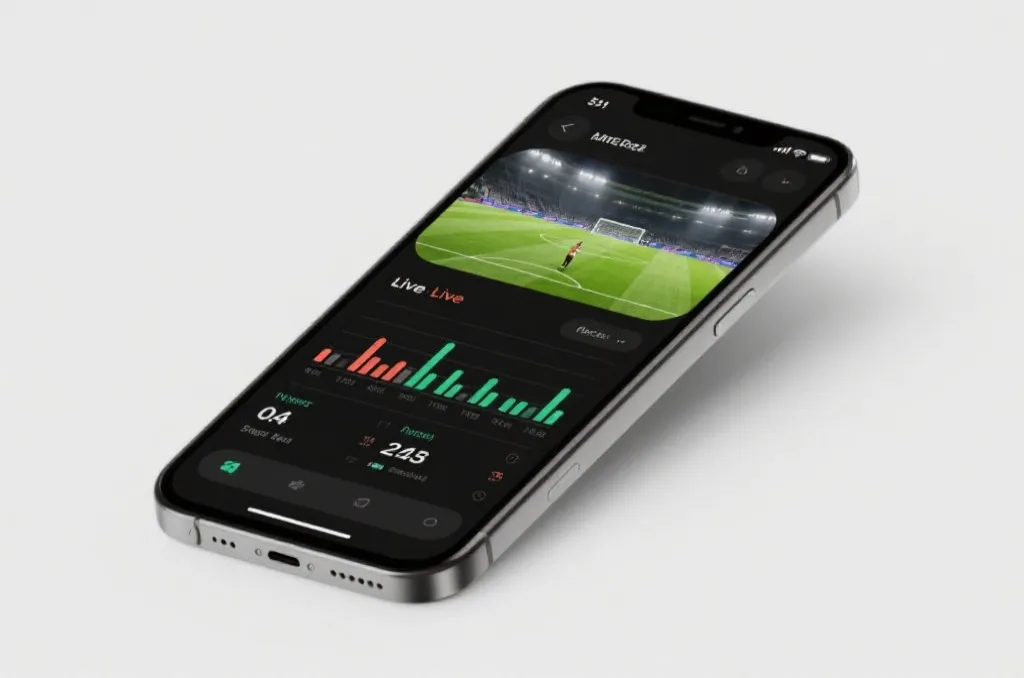 A clean minimalist smartphone interface displaying live sports statistics and a football match broadcast, high tech feel