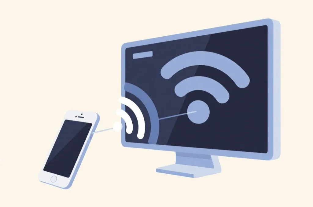 An elegant infographic vector style illustration showing wireless connectivity waves between a smart phone and a large display panel, using clean and safe design elements